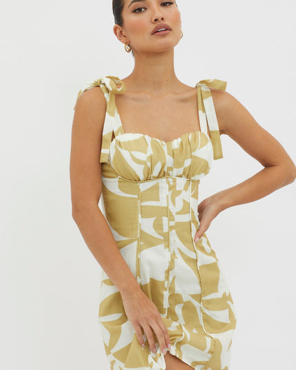 Yellow Tied Shoulder Mini Dress Print