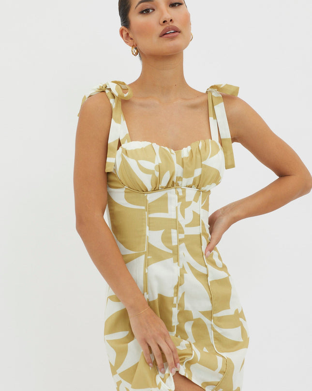 Yellow Tied Shoulder Mini Dress Print