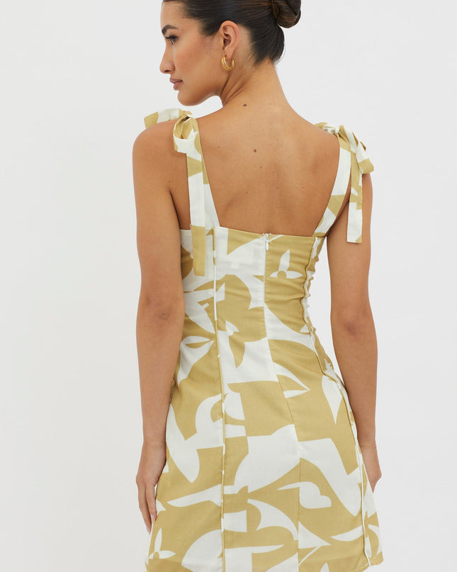Yellow Tied Shoulder Mini Dress Print