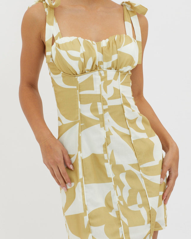 Yellow Tied Shoulder Mini Dress Print