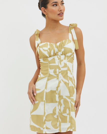 Yellow Tied Shoulder Mini Dress Print