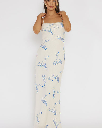 Blue Lace Trim Maxi Dress Print