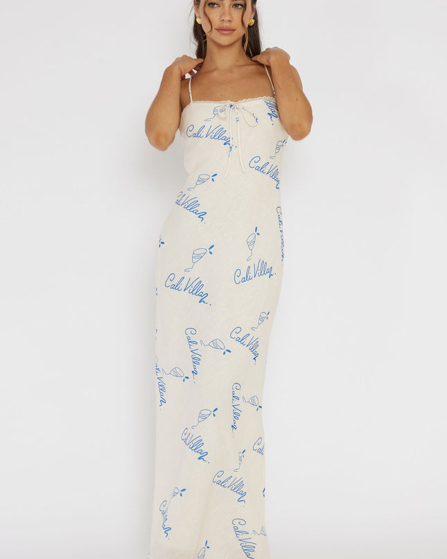 Blue Lace Trim Maxi Dress Print
