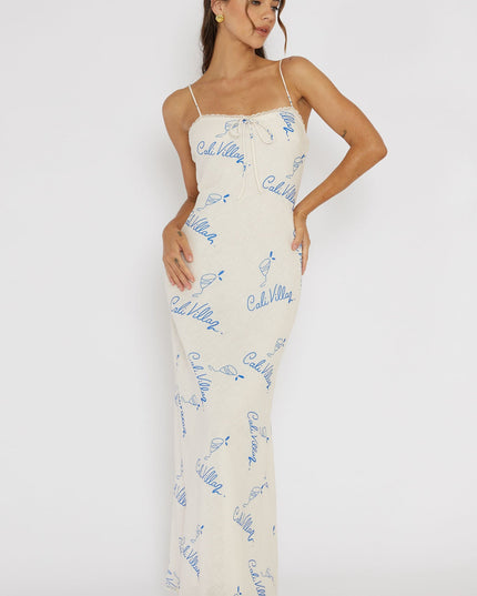 Blue Lace Trim Maxi Dress Print