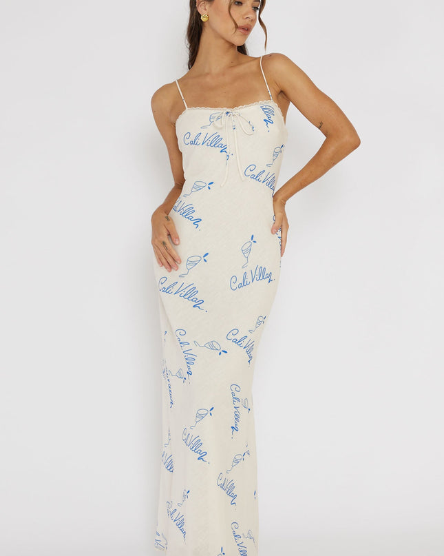 Blue Lace Trim Maxi Dress Print