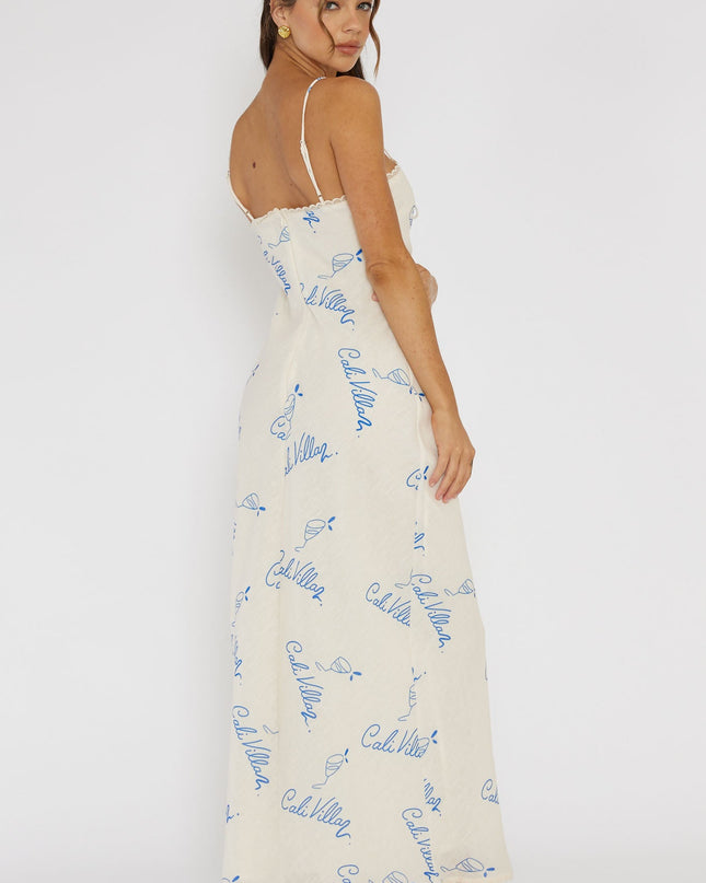 Blue Lace Trim Maxi Dress Print