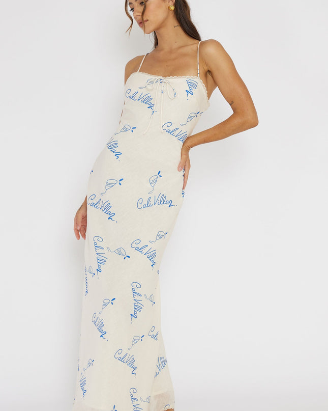 Blue Lace Trim Maxi Dress Print