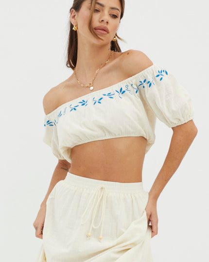 Beige Puff Sleeve Embroidered Crop Top