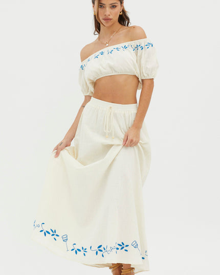 Beige Puff Sleeve Embroidered Crop Top