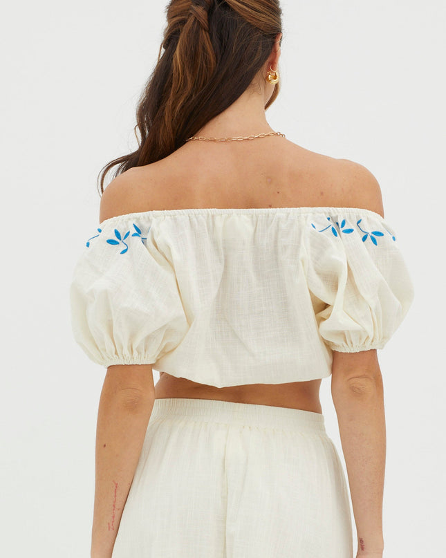 Beige Puff Sleeve Embroidered Crop Top
