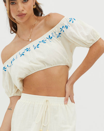 Beige Puff Sleeve Embroidered Crop Top