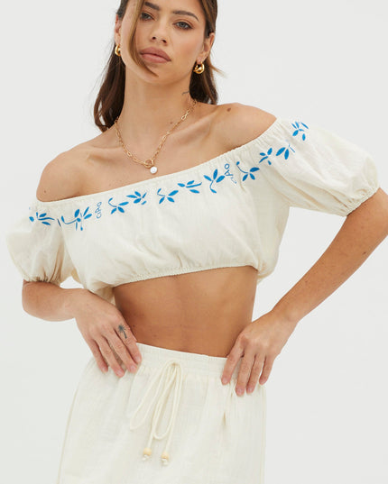 Beige Puff Sleeve Embroidered Crop Top