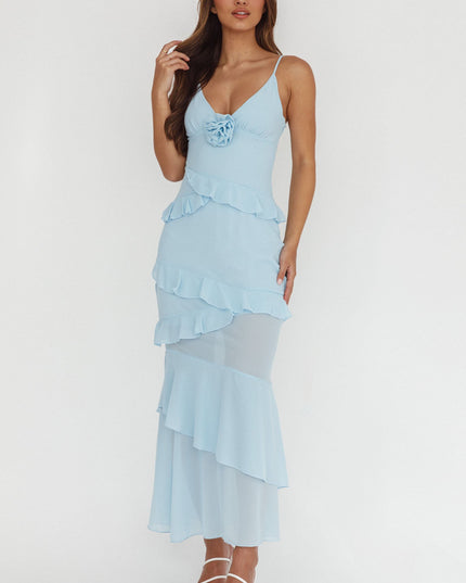 Blue Frill Trim Rosette Maxi Dress