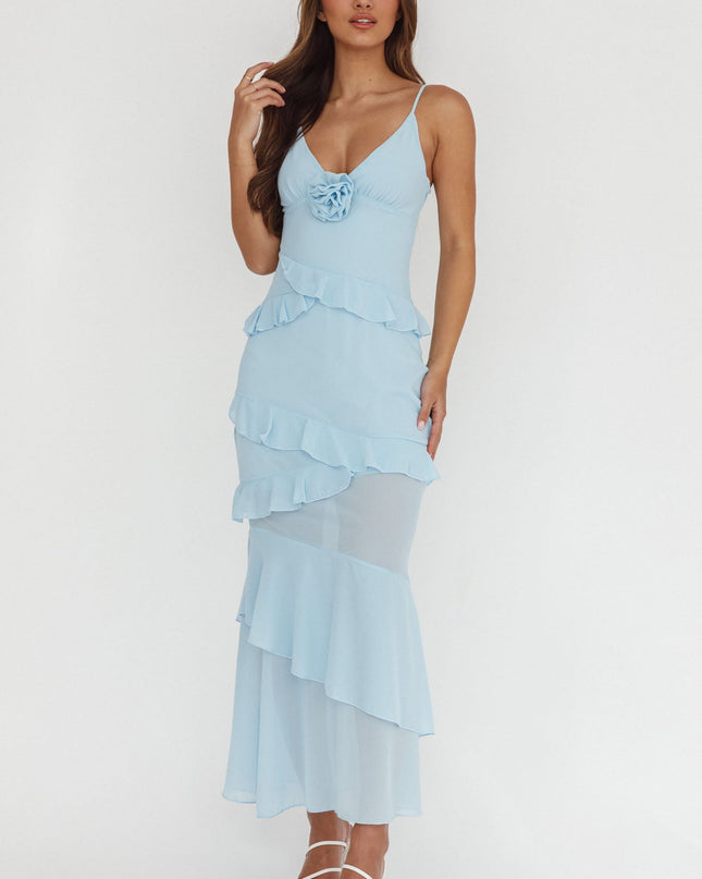 Blue Frill Trim Rosette Maxi Dress