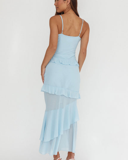 Blue Frill Trim Rosette Maxi Dress