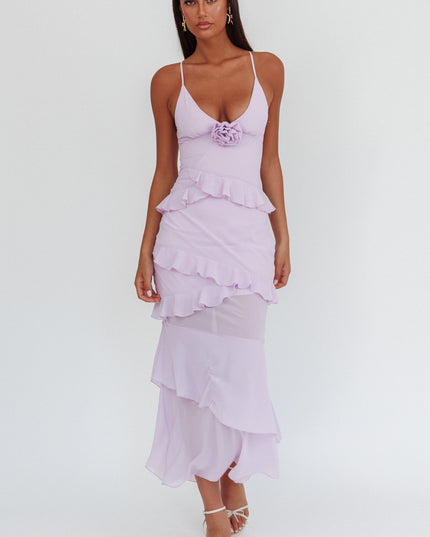 Lilac Frill Trim Rosette Maxi Dress