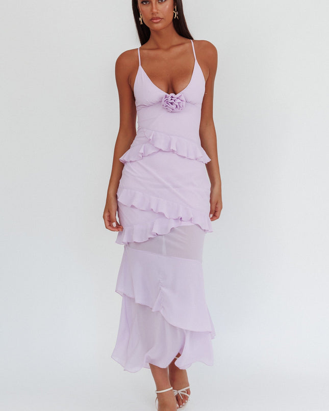 Lilac Frill Trim Rosette Maxi Dress