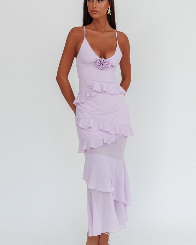 Lilac Frill Trim Rosette Maxi Dress