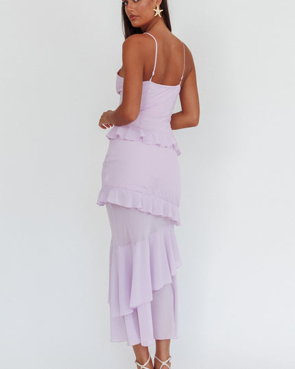 Lilac Frill Trim Rosette Maxi Dress