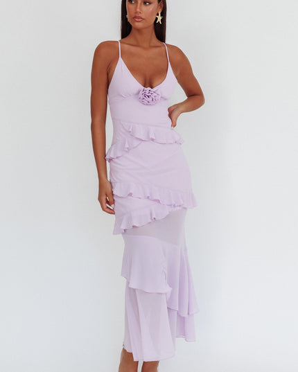 Lilac Frill Trim Rosette Maxi Dress