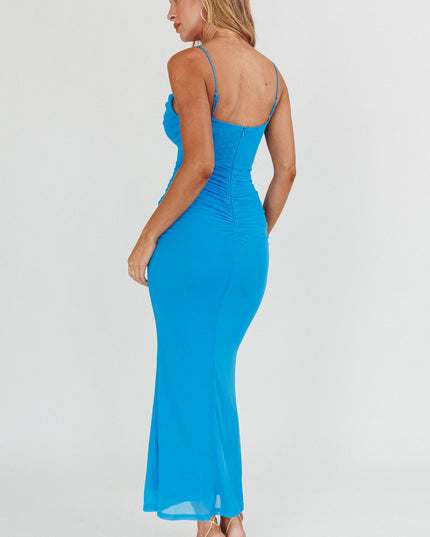 Blue Ruched Waist Mesh Maxi Dress