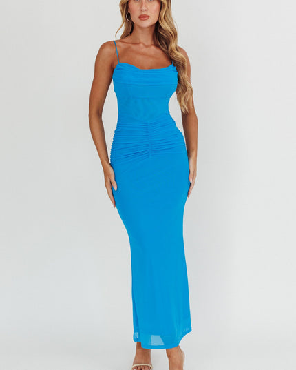 Blue Ruched Waist Mesh Maxi Dress