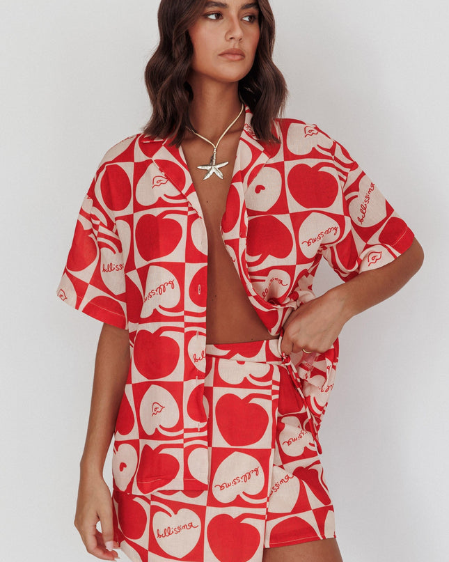 Beige Cherry Print Mini Wrap Skirt Red