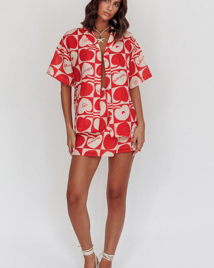 Beige Cherry Print Mini Wrap Skirt Red