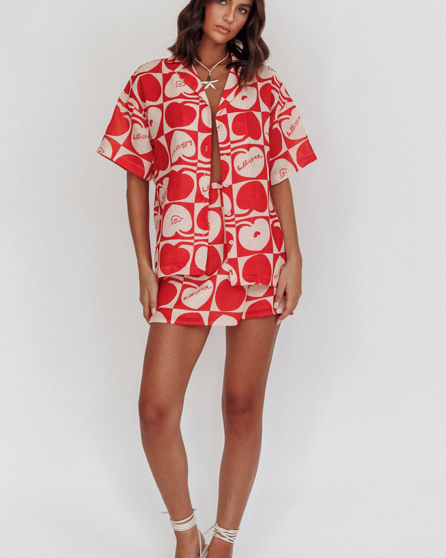 Beige Cherry Print Mini Wrap Skirt Red
