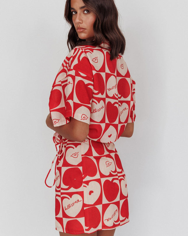 Beige Cherry Print Mini Wrap Skirt Red