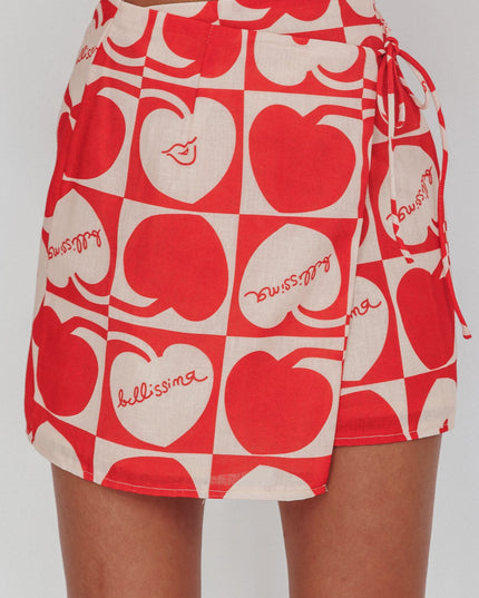 Beige Cherry Print Mini Wrap Skirt Red