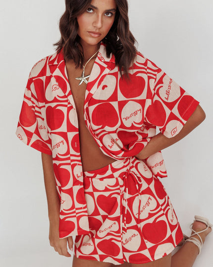 Beige Cherry Print Mini Wrap Skirt Red