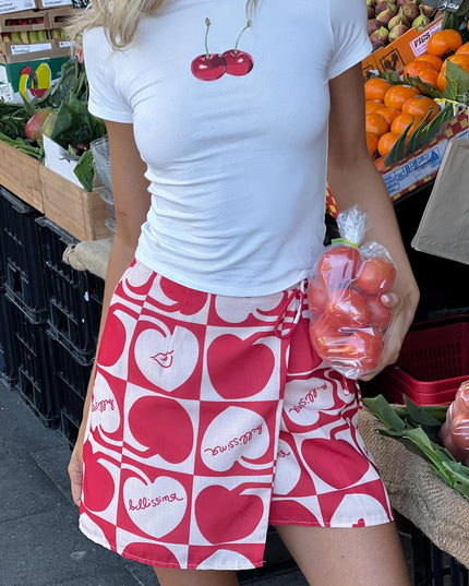 Beige Cherry Print Mini Wrap Skirt Red