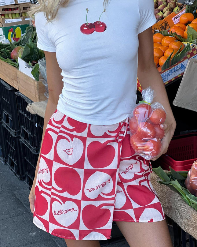 Beige Cherry Print Mini Wrap Skirt Red
