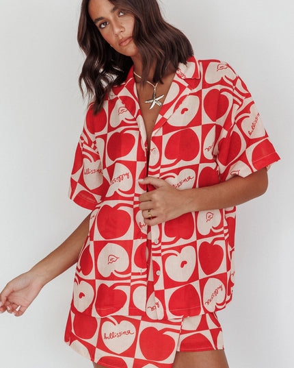 Beige Cherry Print Short Sleeve Shirt Red