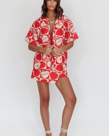 Beige Cherry Print Short Sleeve Shirt Red