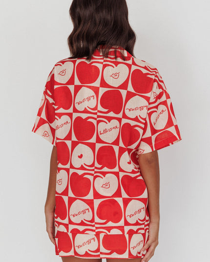 Beige Cherry Print Short Sleeve Shirt Red