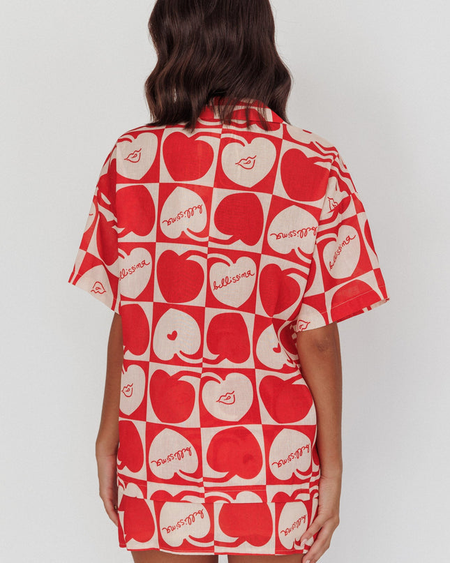 Beige Cherry Print Short Sleeve Shirt Red