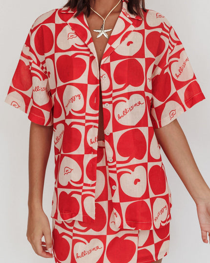 Beige Cherry Print Short Sleeve Shirt Red