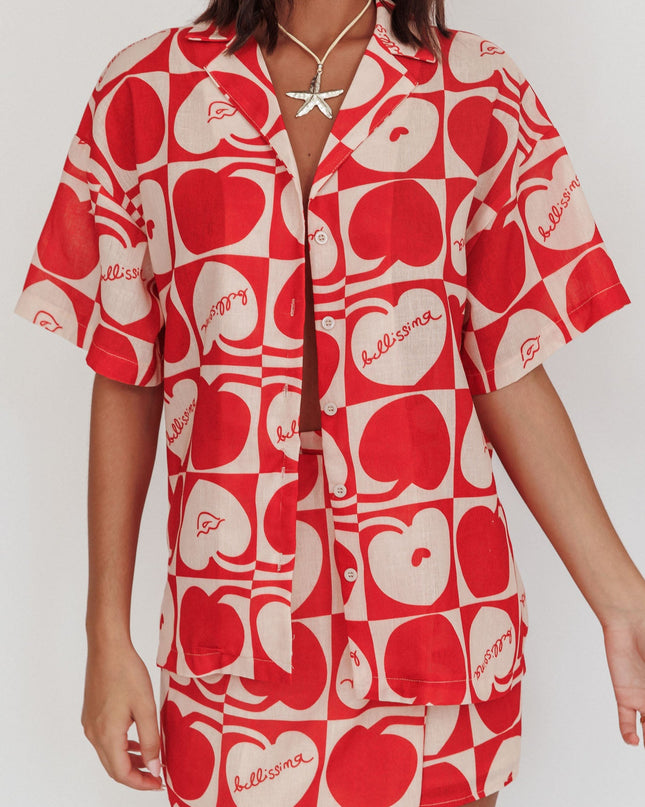 Beige Cherry Print Short Sleeve Shirt Red