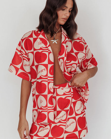 Beige Cherry Print Short Sleeve Shirt Red