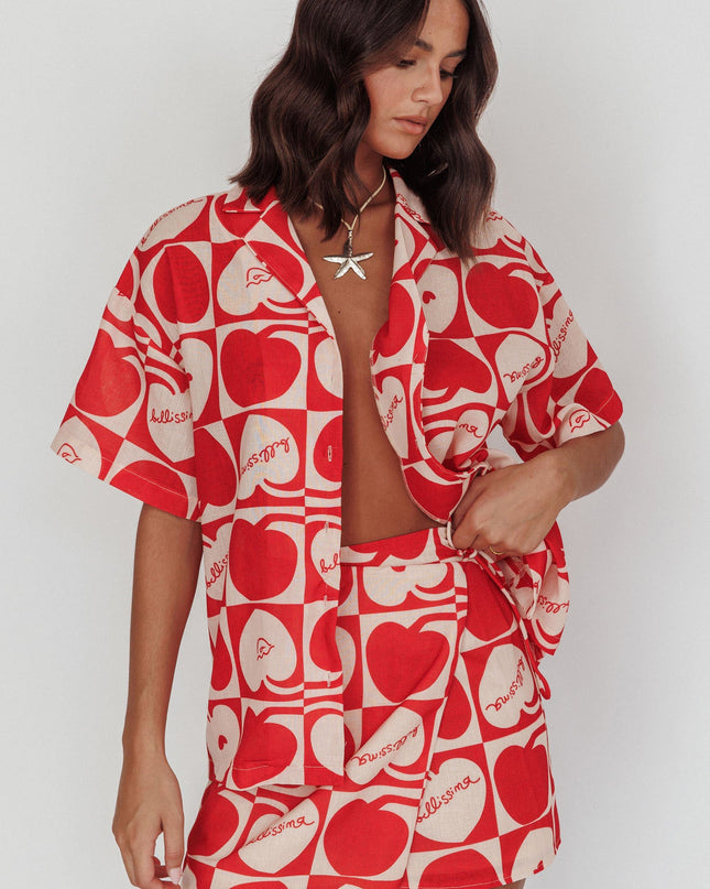 Beige Cherry Print Short Sleeve Shirt Red