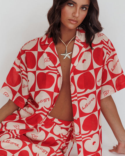 Beige Cherry Print Short Sleeve Shirt Red