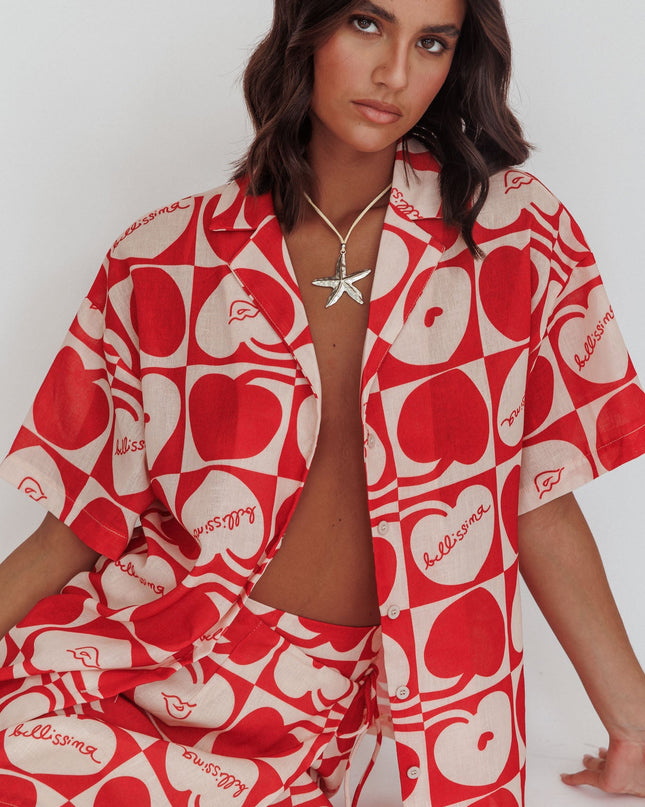 Beige Cherry Print Short Sleeve Shirt Red