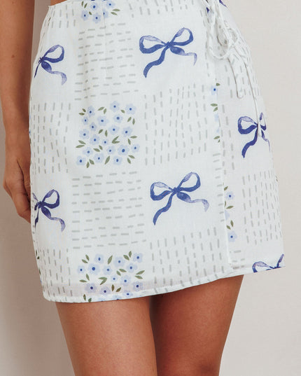 Blue Wrap Mini Skirt Bow Print