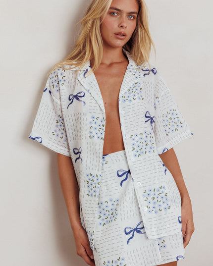 Blue Wrap Mini Skirt Bow Print