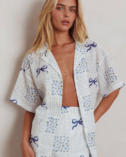 Blue Short Sleeve Button Shirt Bow Print