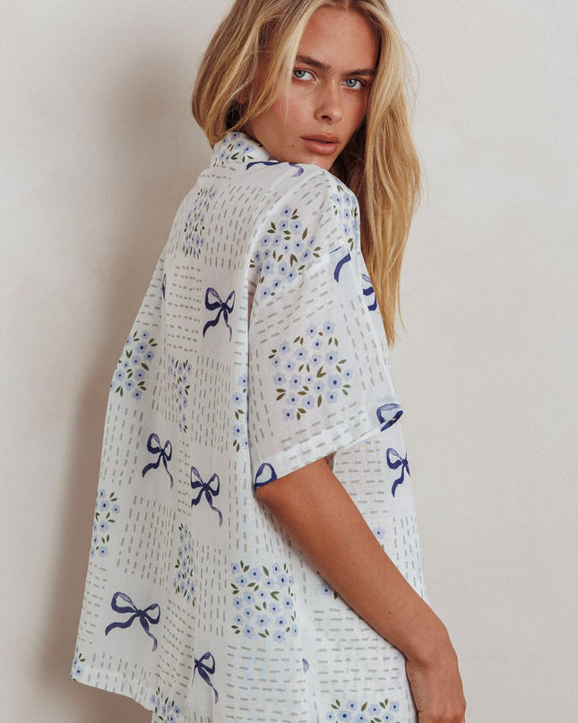Blue Short Sleeve Button Shirt Bow Print