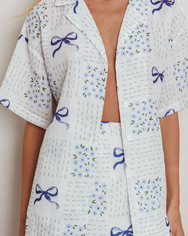 Blue Short Sleeve Button Shirt Bow Print