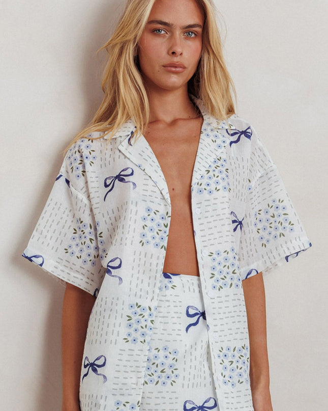 Blue Short Sleeve Button Shirt Bow Print